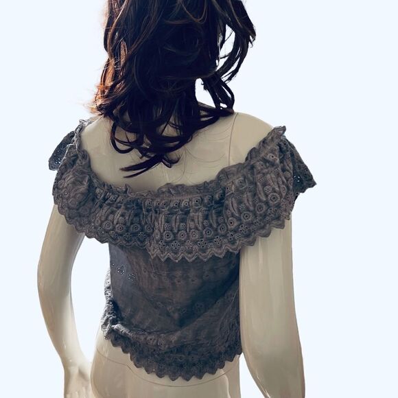 Off The Shoulder Dusty Blue Short Eyelet Blouse American Eagle Outfitters XS - Picture 7 of 11